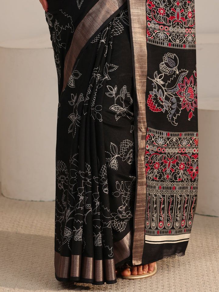 Libas Black Floral Printed Silk Blend Saree