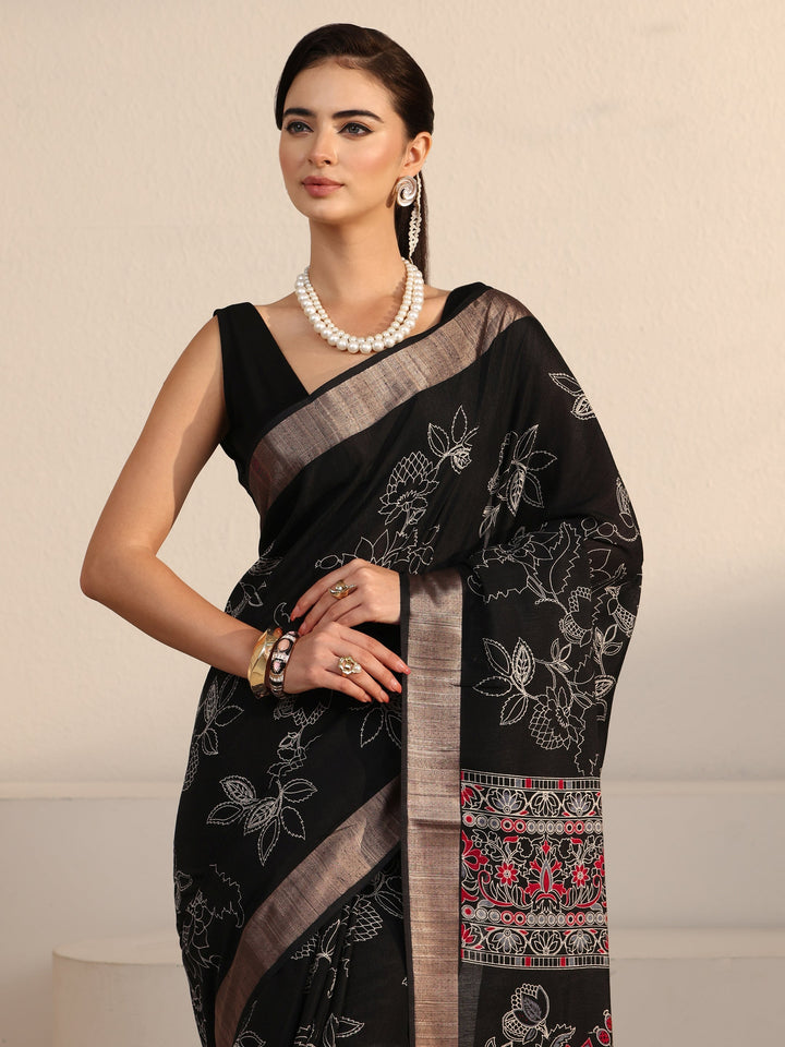 Libas Black Floral Printed Silk Blend Saree