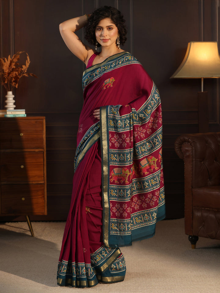 Libas Purple and Blue Printed Silk Blend Saree with Patola Pallu