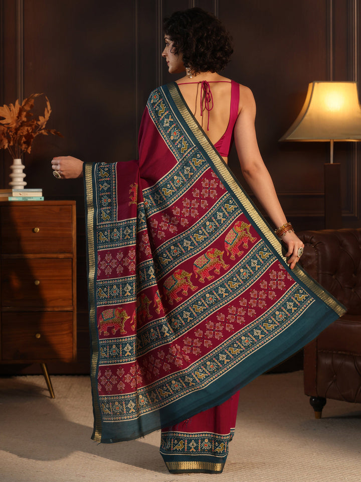 Libas Purple and Blue Printed Silk Blend Saree with Patola Pallu
