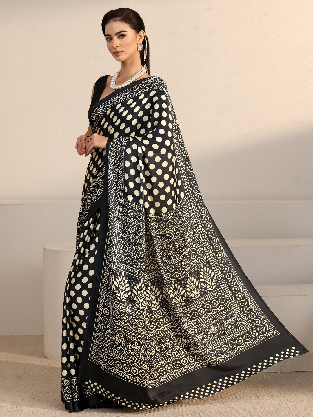 Libas Black Polka Dot Printed Silk Blend Saree