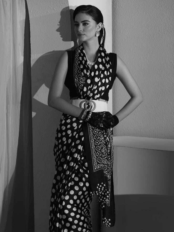 Libas Black Polka Dot Printed Silk Blend Saree