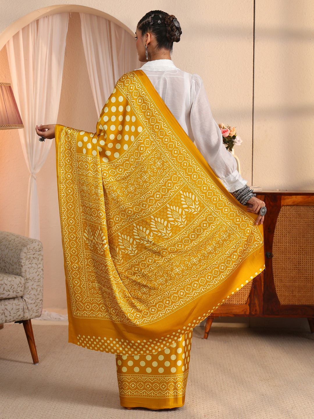 Libas Mustard Polka Dot Printed Silk Blend Saree
