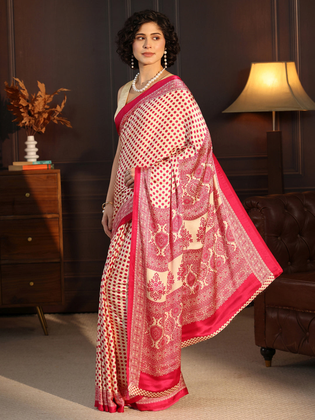 Libas Cream and Pink Polka Dot Printed Silk Blend Saree