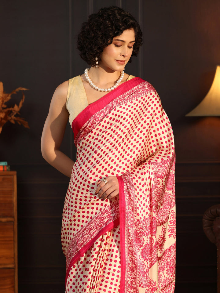 Libas Cream and Pink Polka Dot Printed Silk Blend Saree