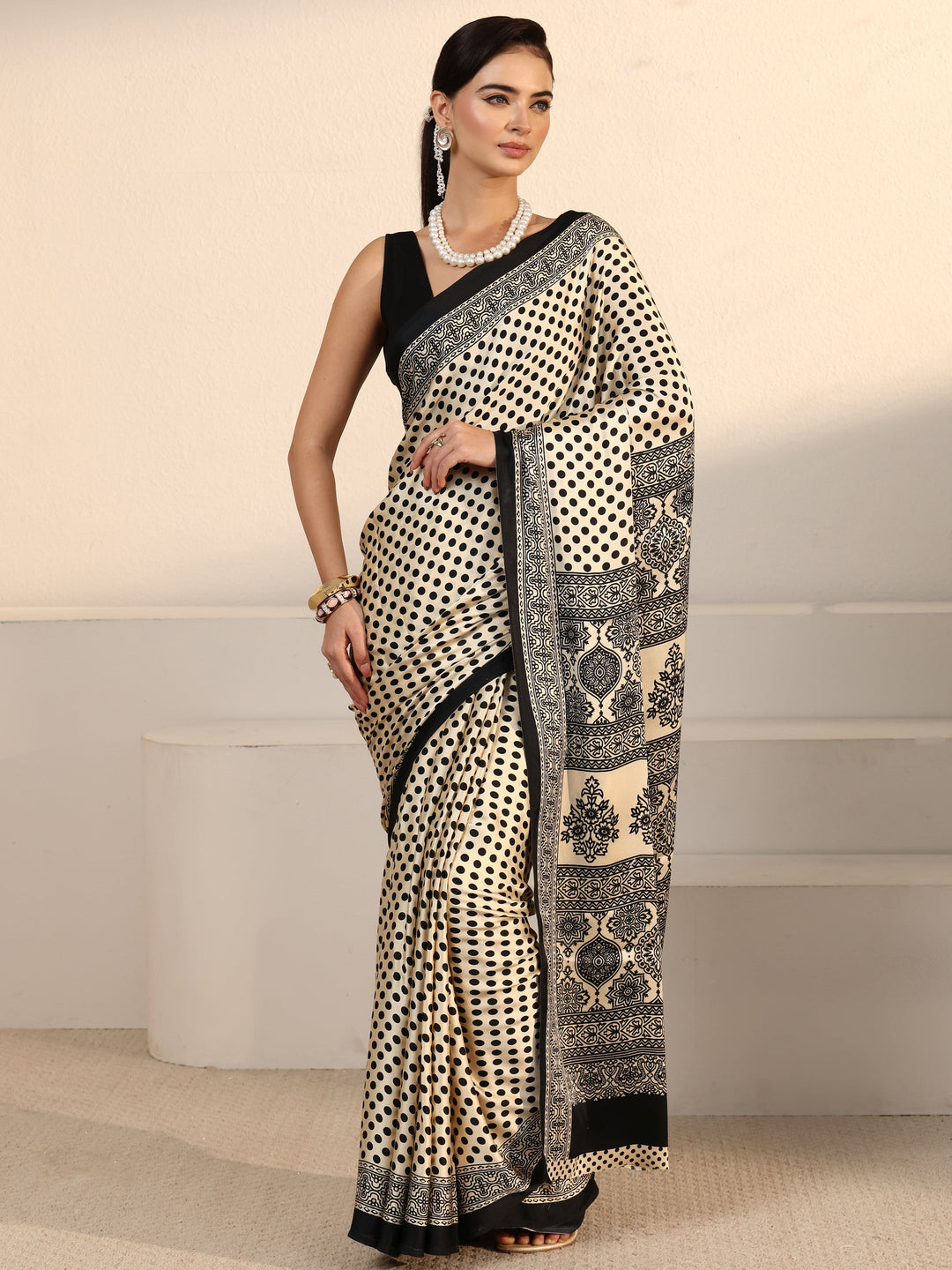Libas Cream Polka Dot Printed Silk Blend Saree