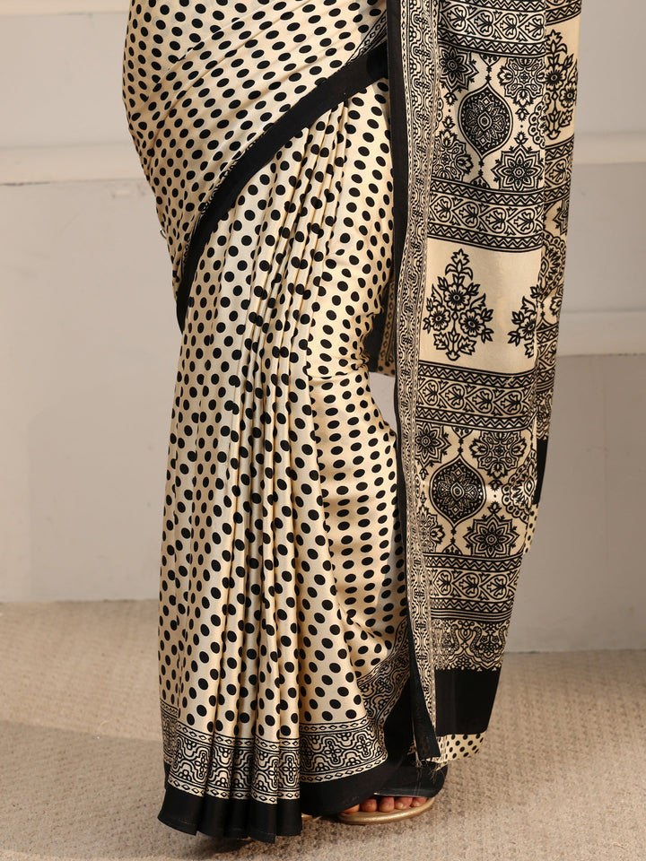 Libas Cream Polka Dot Printed Silk Blend Saree