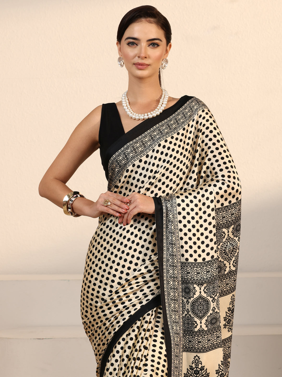 Libas Cream Polka Dot Printed Silk Blend Saree