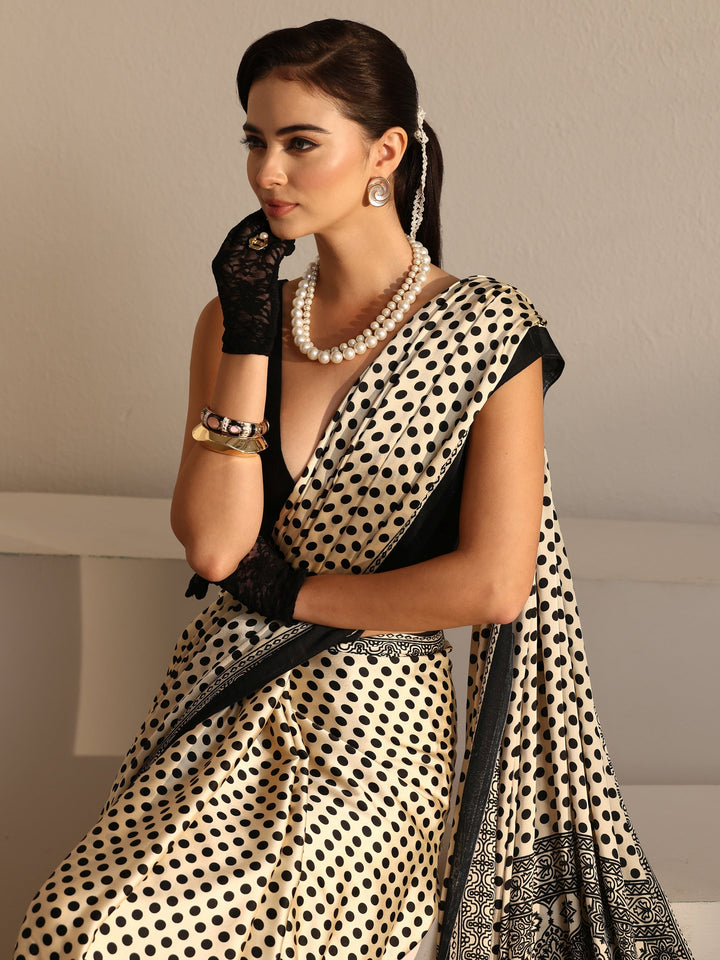 Libas Cream Polka Dot Printed Silk Blend Saree