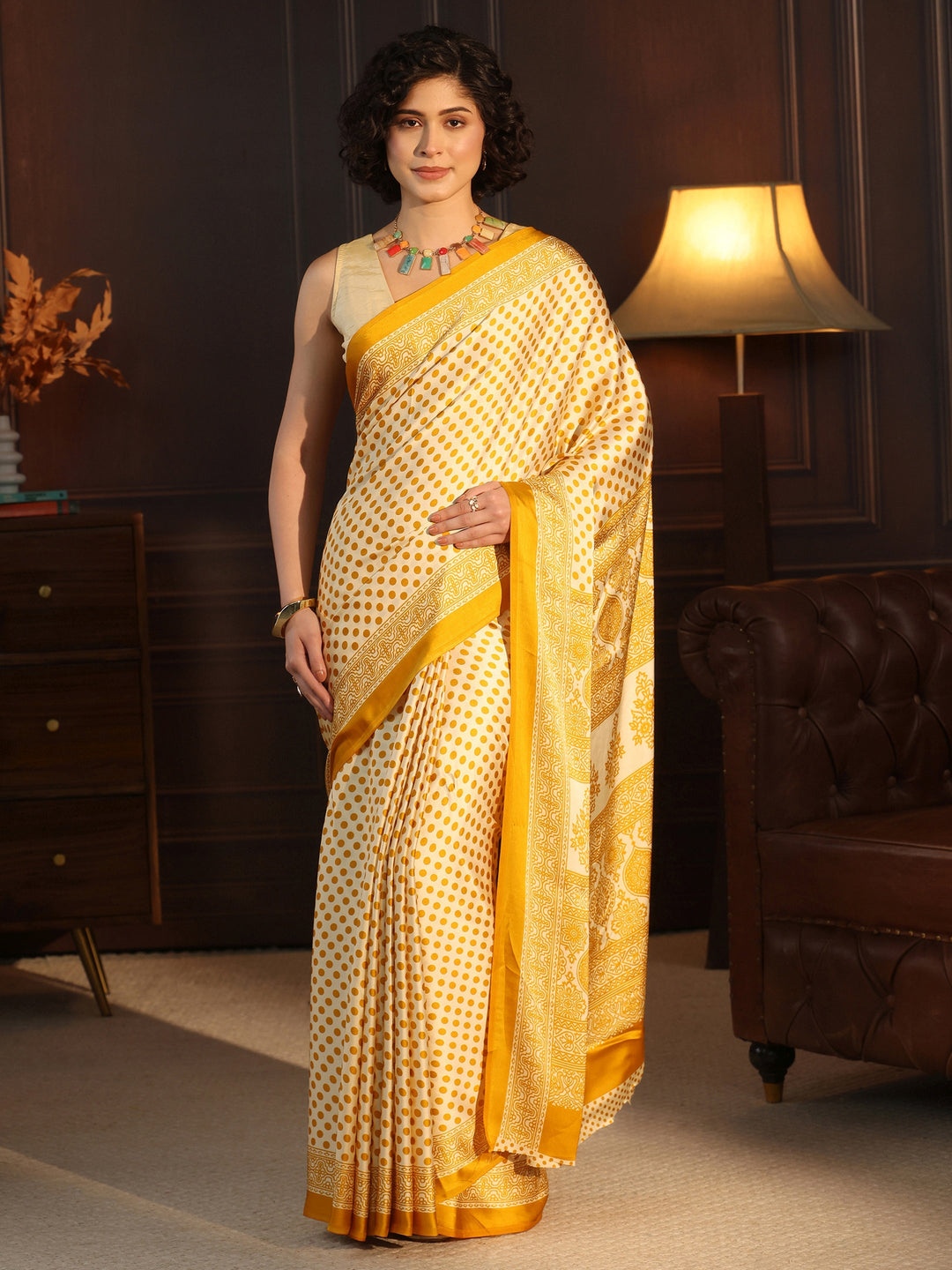 Libas Cream and Mustard Polka Dot Printed Silk Blend Saree