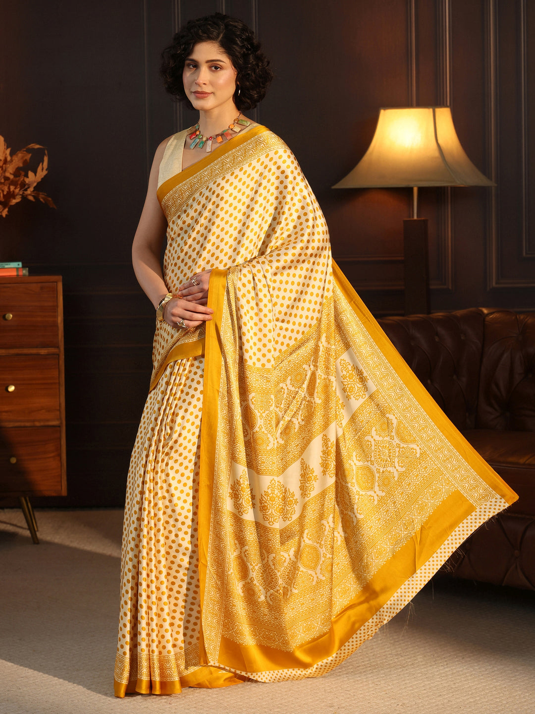 Libas Cream and Mustard Polka Dot Printed Silk Blend Saree