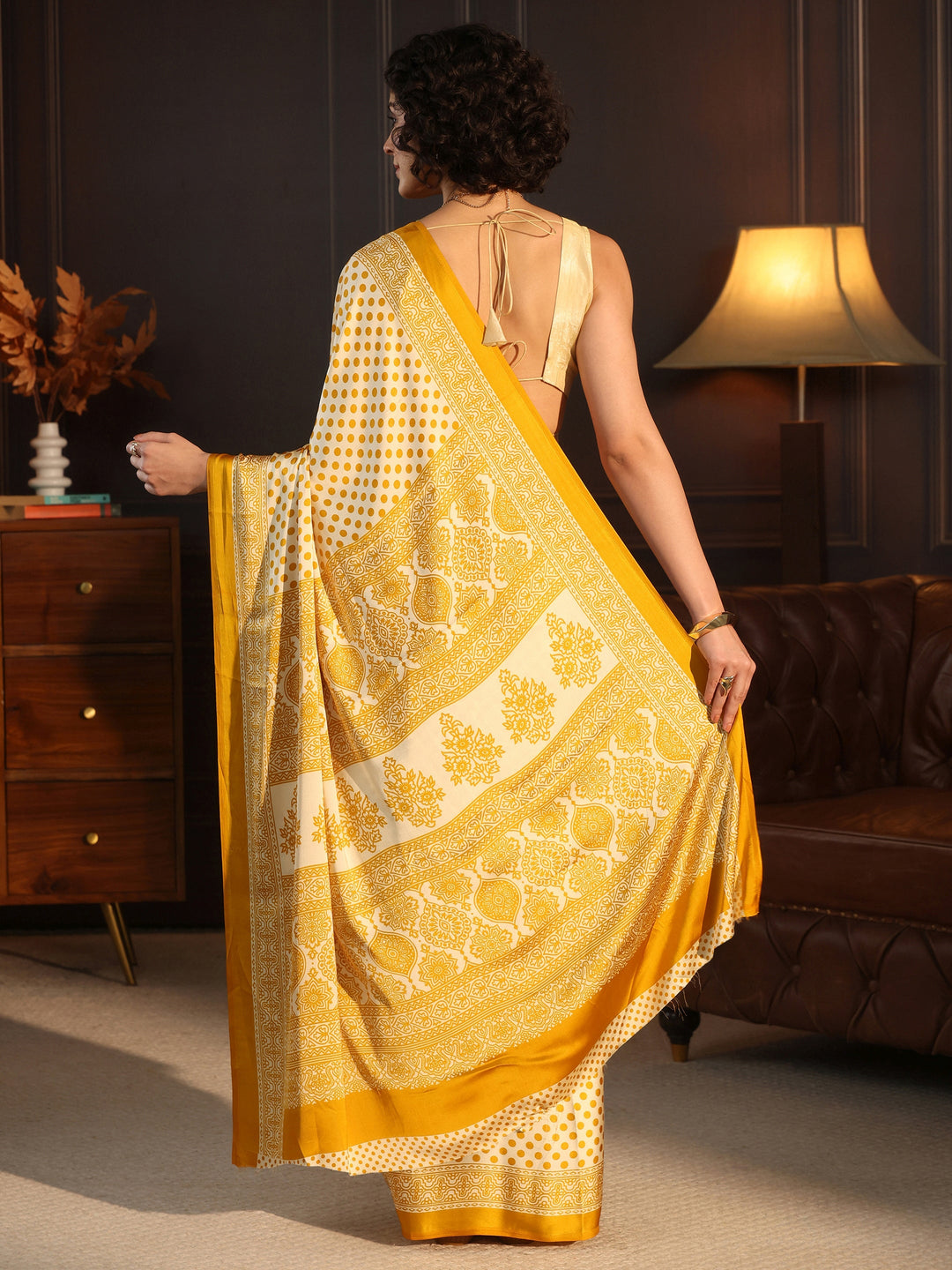 Libas Cream and Mustard Polka Dot Printed Silk Blend Saree