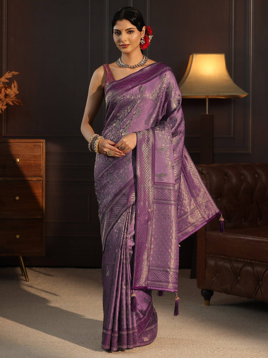 Libas Purple Woven Design Silk Blend Tassel Saree with Stone Work