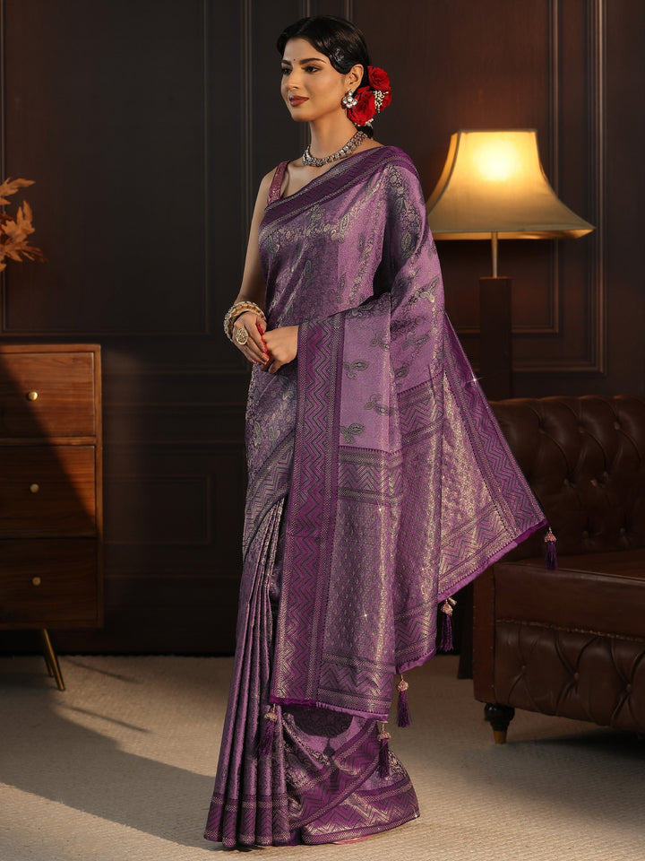 Libas Purple Woven Design Silk Blend Tassel Saree with Stone Work