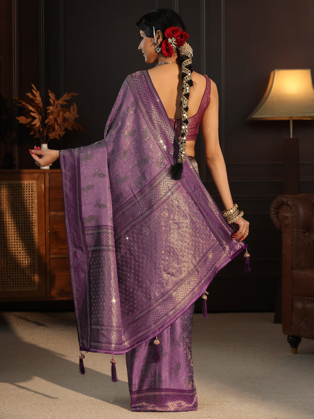 Libas Purple Woven Design Silk Blend Tassel Saree with Stone Work