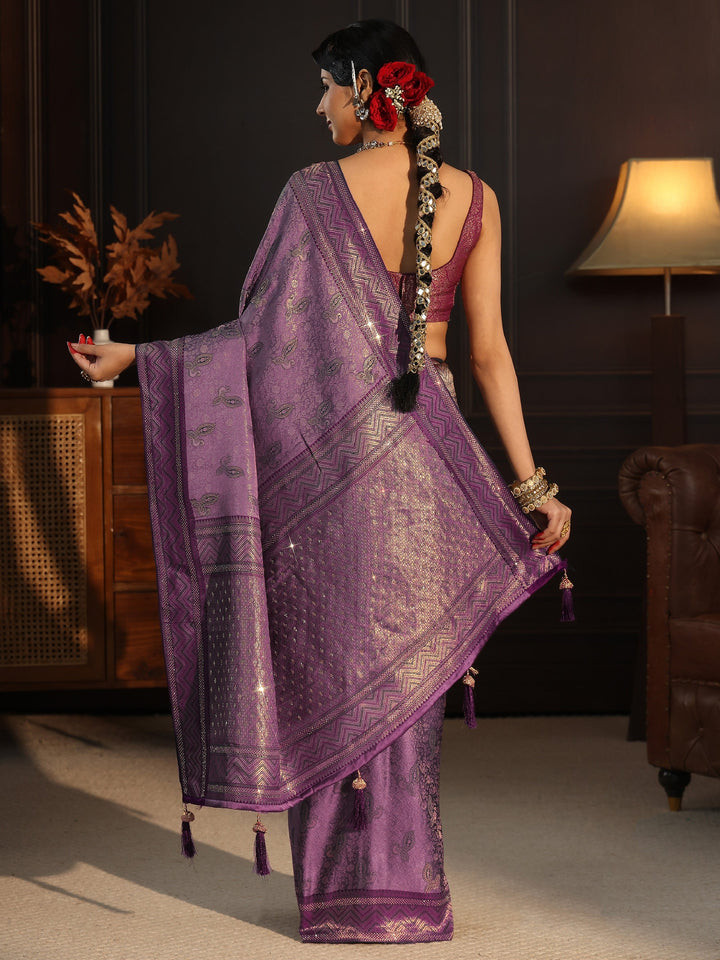 Libas Purple Woven Design Silk Blend Tassel Saree with Stone Work