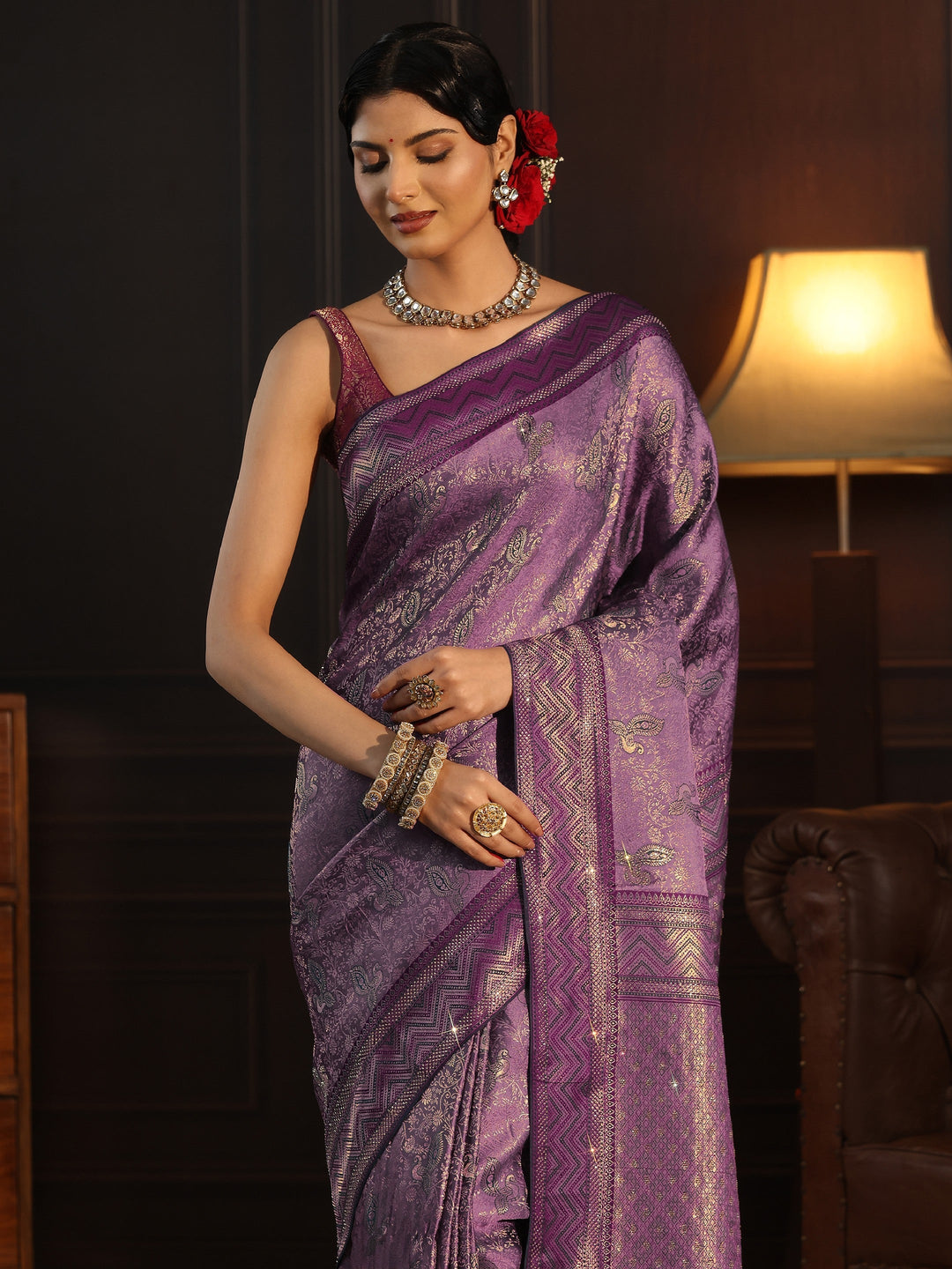 Libas Purple Woven Design Silk Blend Tassel Saree with Stone Work