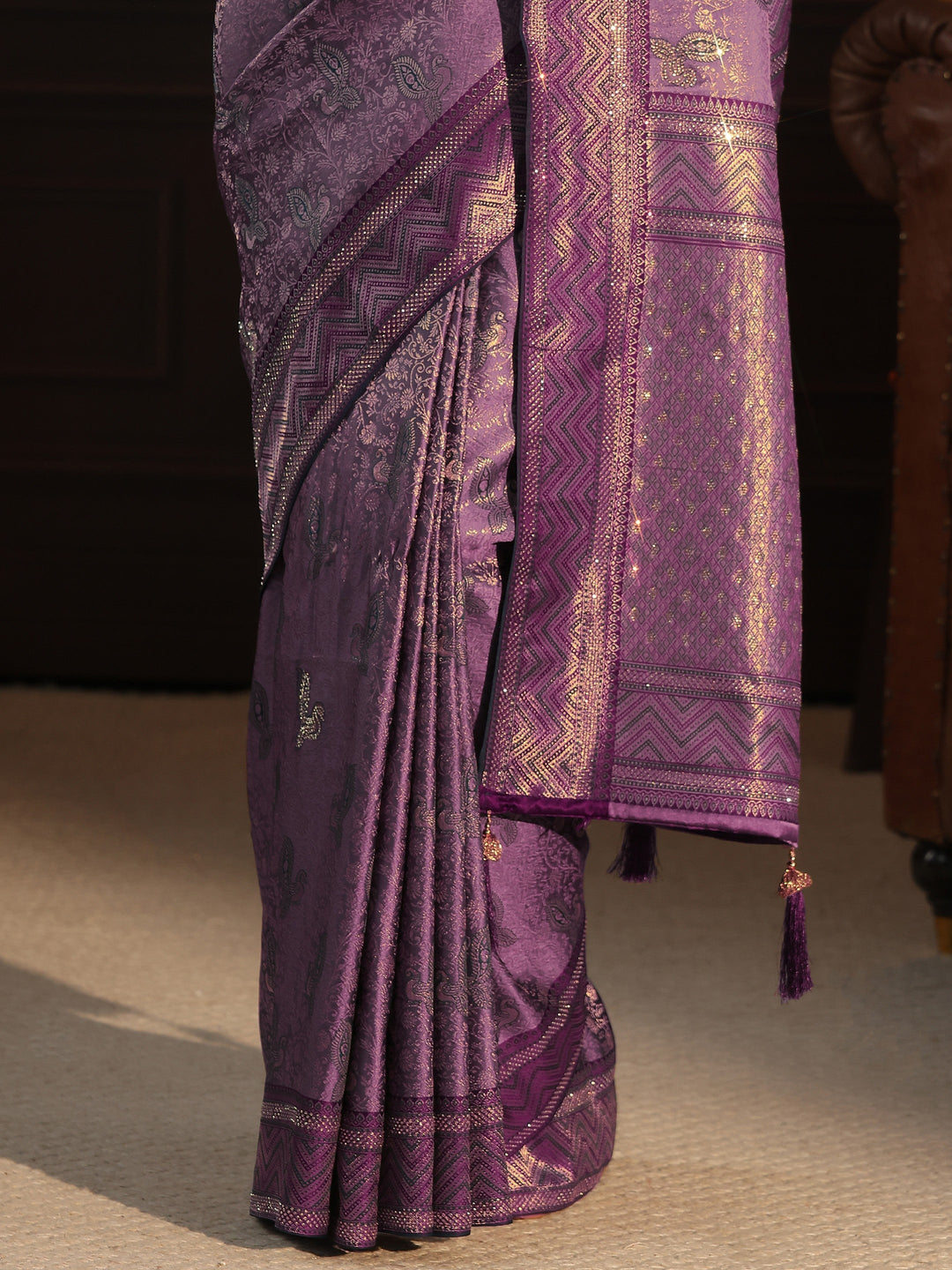 Libas Purple Woven Design Silk Blend Tassel Saree with Stone Work