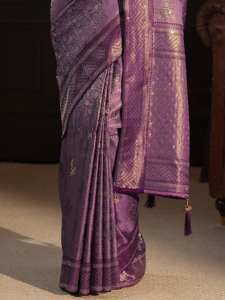 Libas Purple Woven Design Silk Blend Tassel Saree with Stone Work