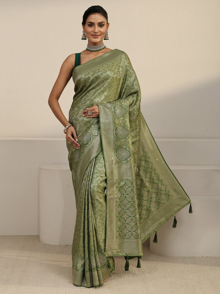 Libas Light Olive Green Woven Design Silk Blend Tassel Saree with Stone Work