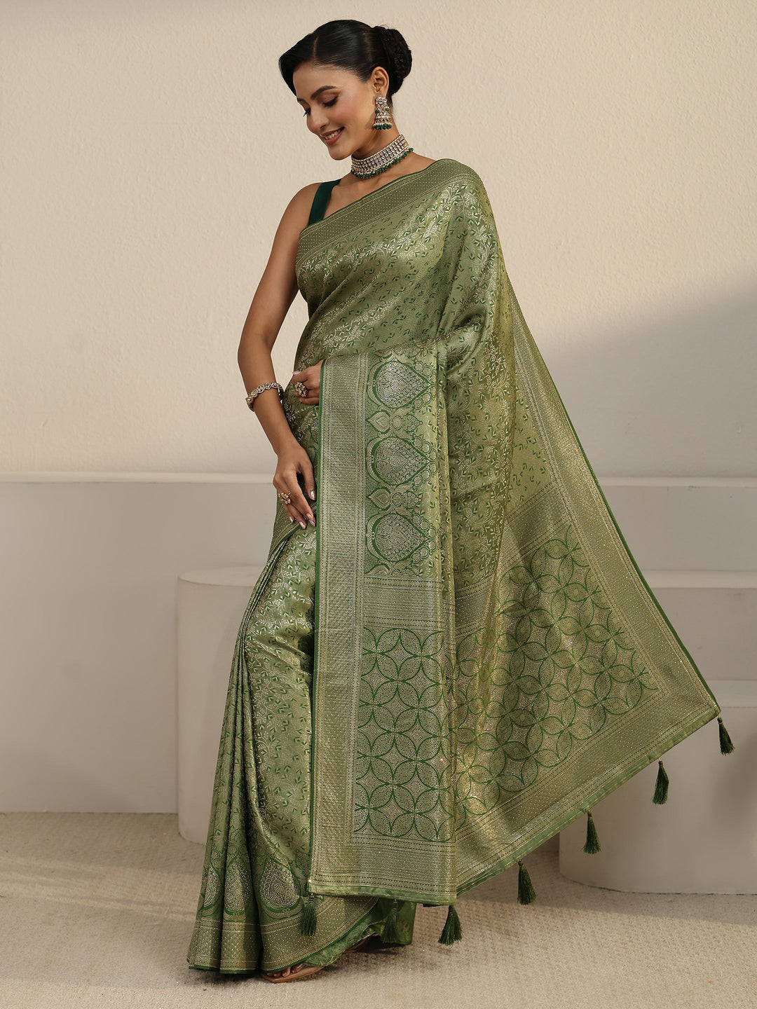 Libas Light Olive Green Woven Design Silk Blend Tassel Saree with Stone Work