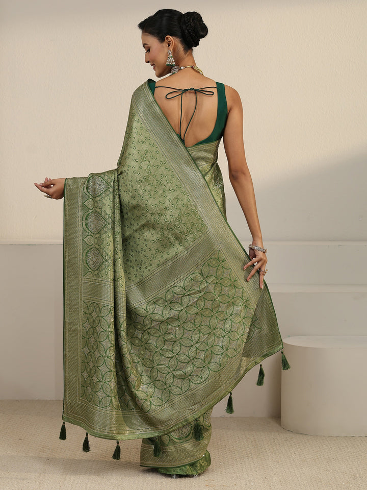Libas Light Olive Green Woven Design Silk Blend Tassel Saree with Stone Work