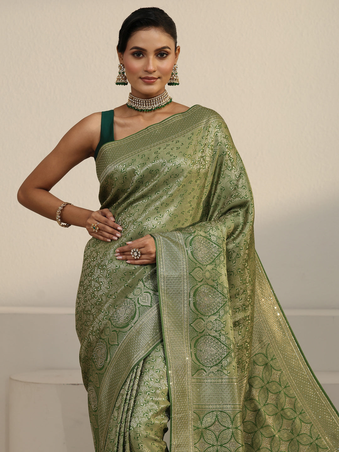 Libas Light Olive Green Woven Design Silk Blend Tassel Saree with Stone Work
