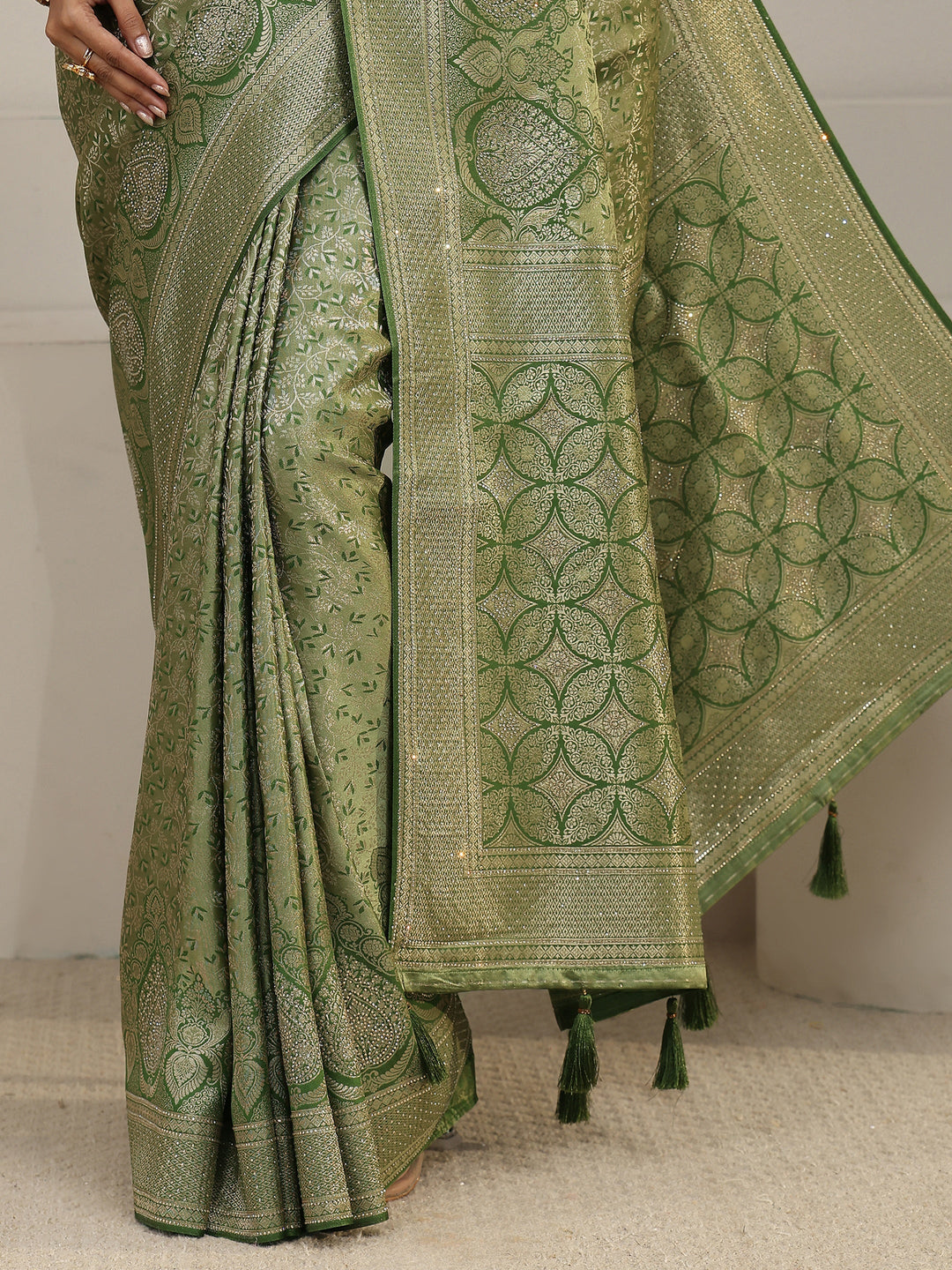 Libas Light Olive Green Woven Design Silk Blend Tassel Saree with Stone Work