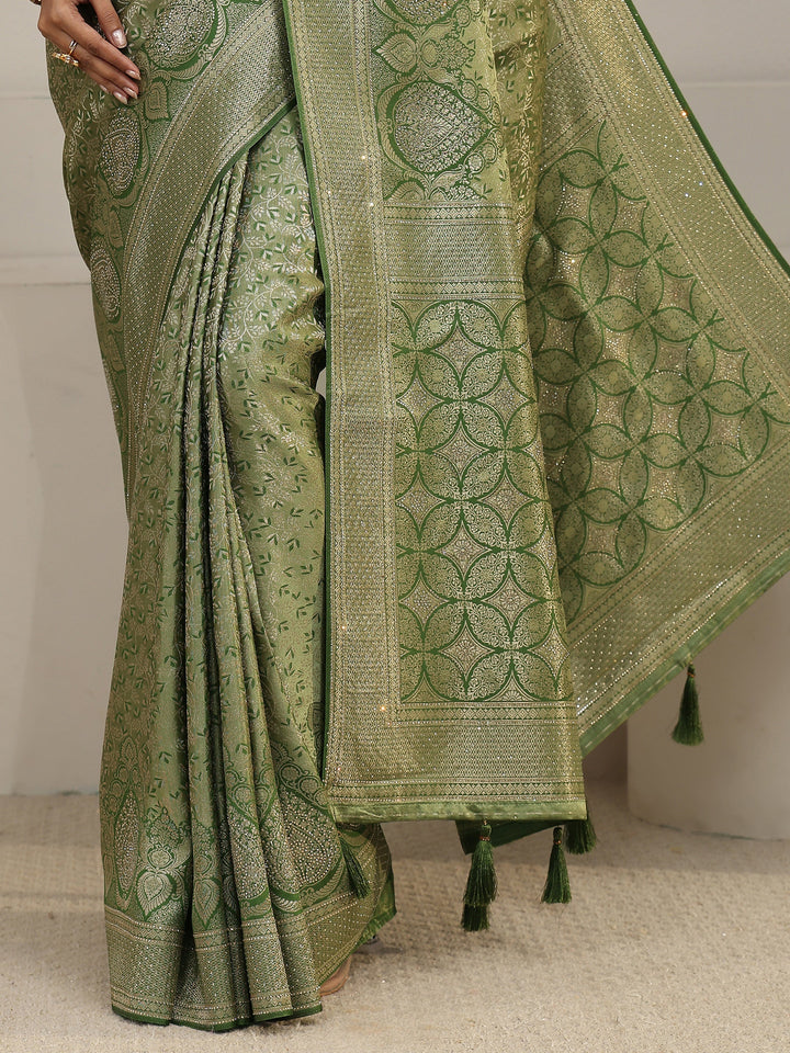 Libas Light Olive Green Woven Design Silk Blend Tassel Saree with Stone Work