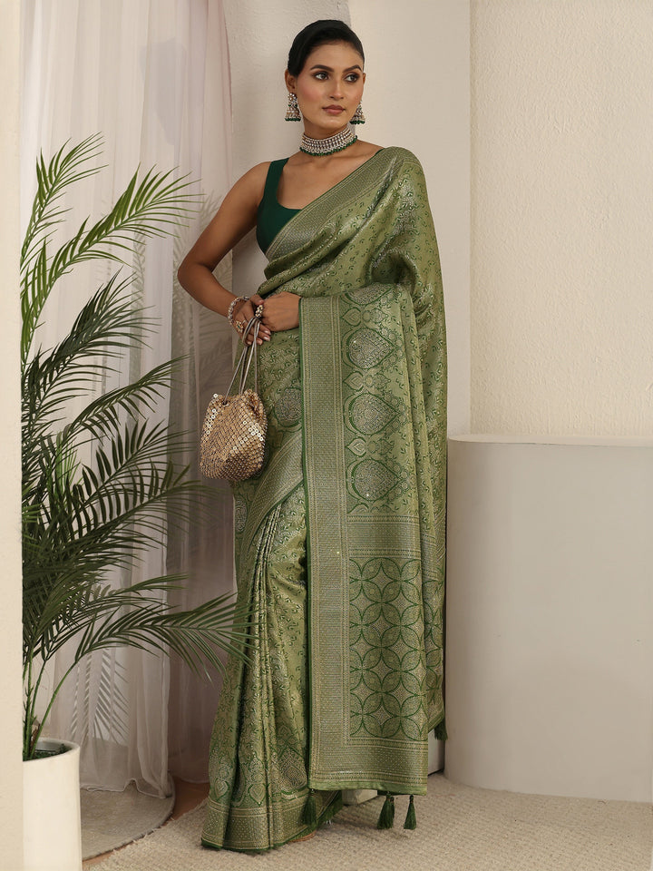 Libas Light Olive Green Woven Design Silk Blend Tassel Saree with Stone Work