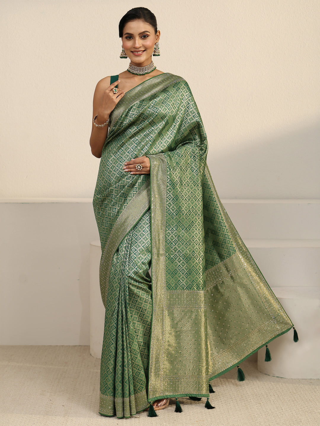 Libas Sage Green Ethnic Woven Design Silk Blend Tassel Saree