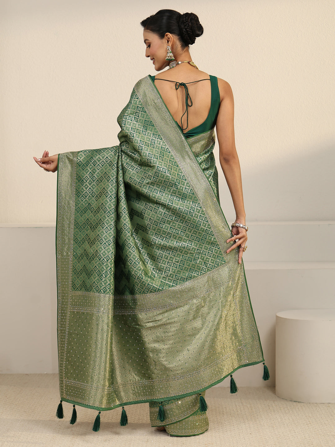 Libas Sage Green Ethnic Woven Design Silk Blend Tassel Saree