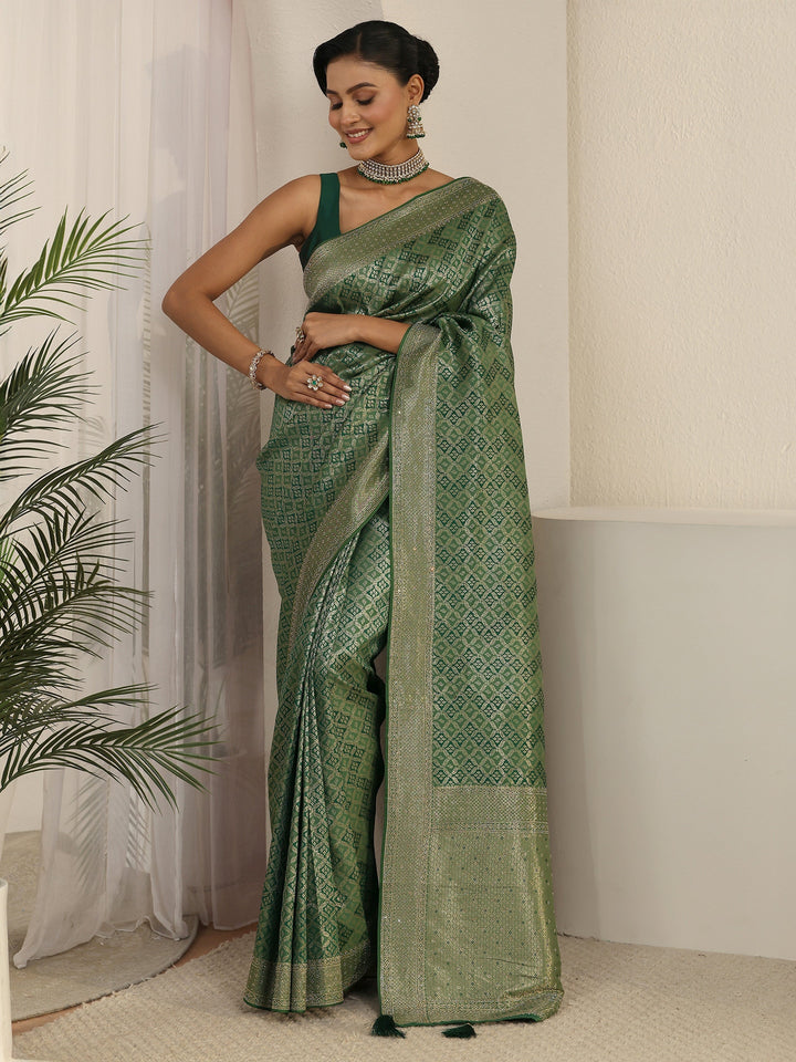 Libas Sage Green Ethnic Woven Design Silk Blend Tassel Saree