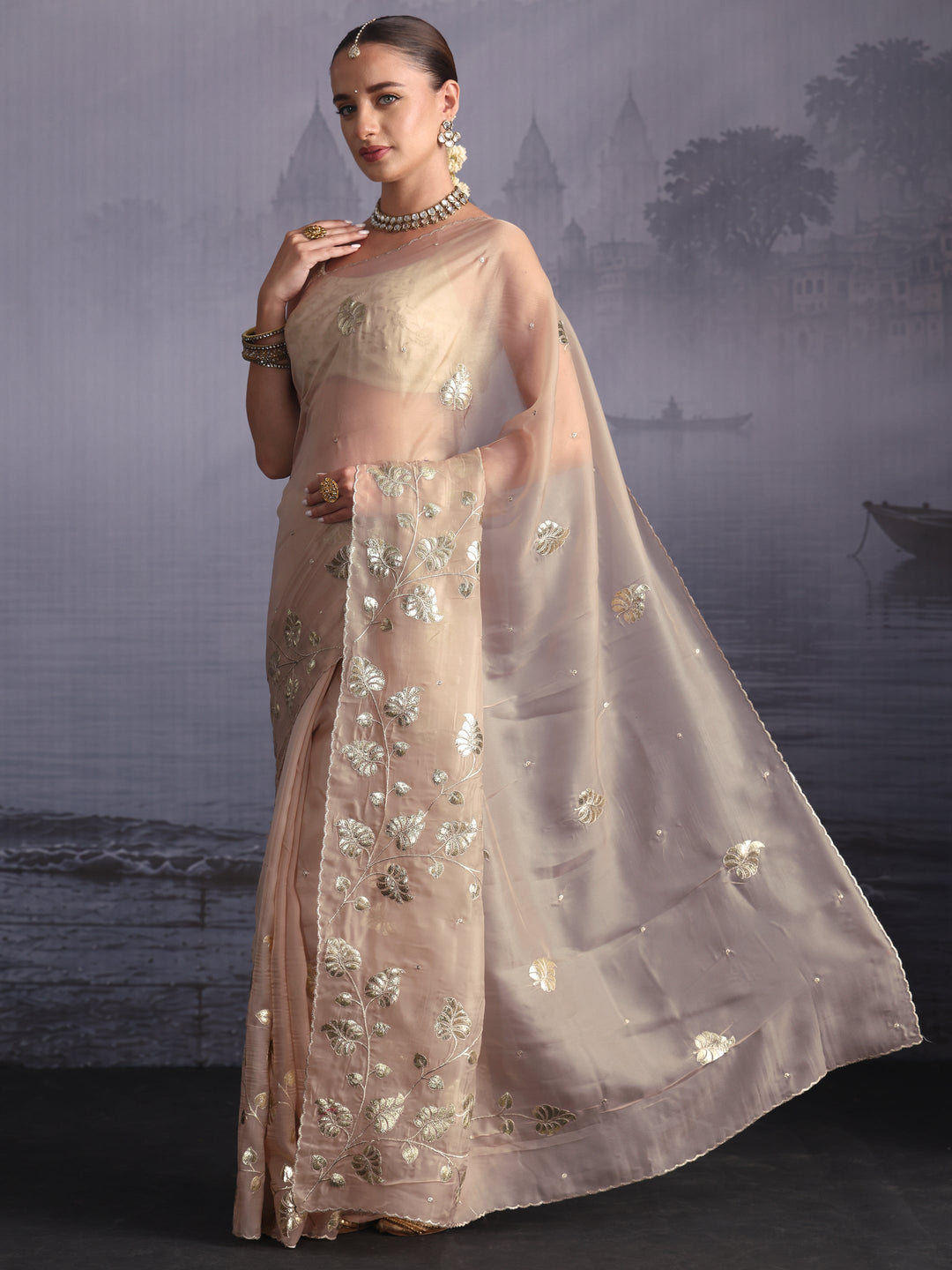 Libas Beige Leafy Sequin Embellished Tissue Saree