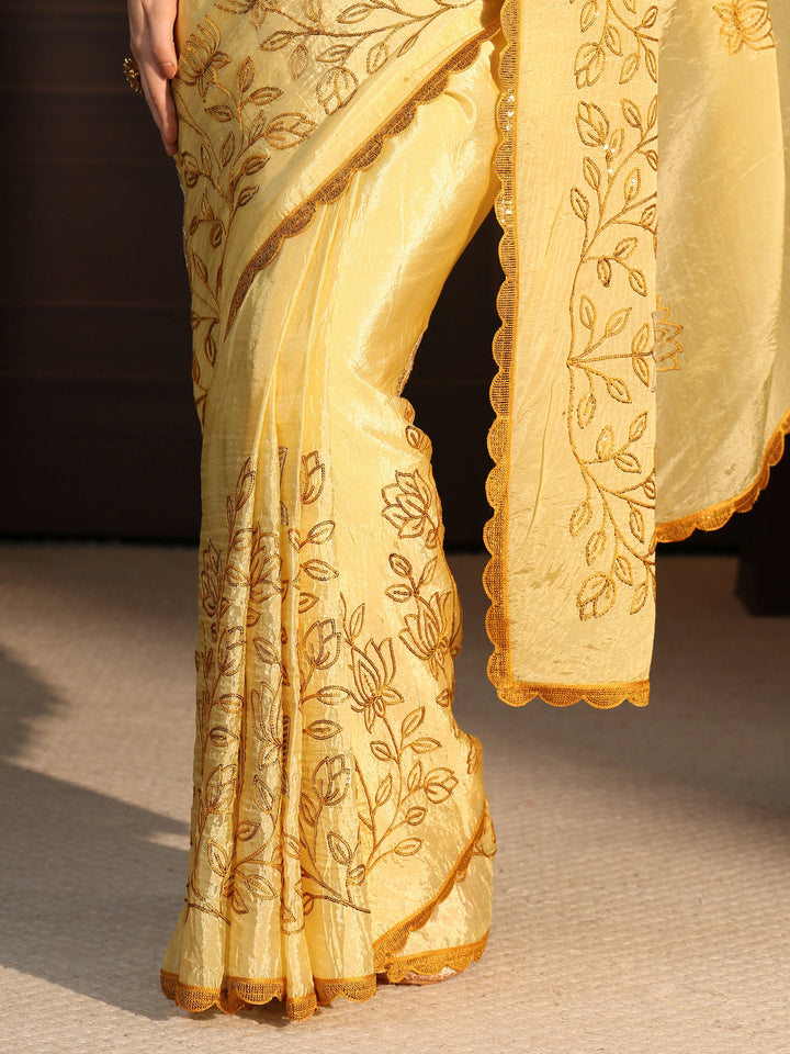 Libas Mustard Floral Embroidered Tissue Saree