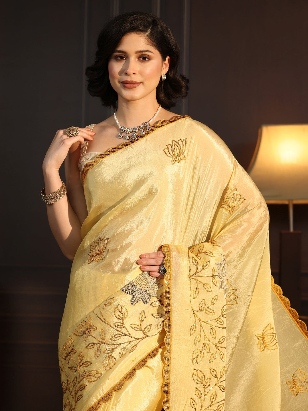 Libas Mustard Floral Embroidered Tissue Saree