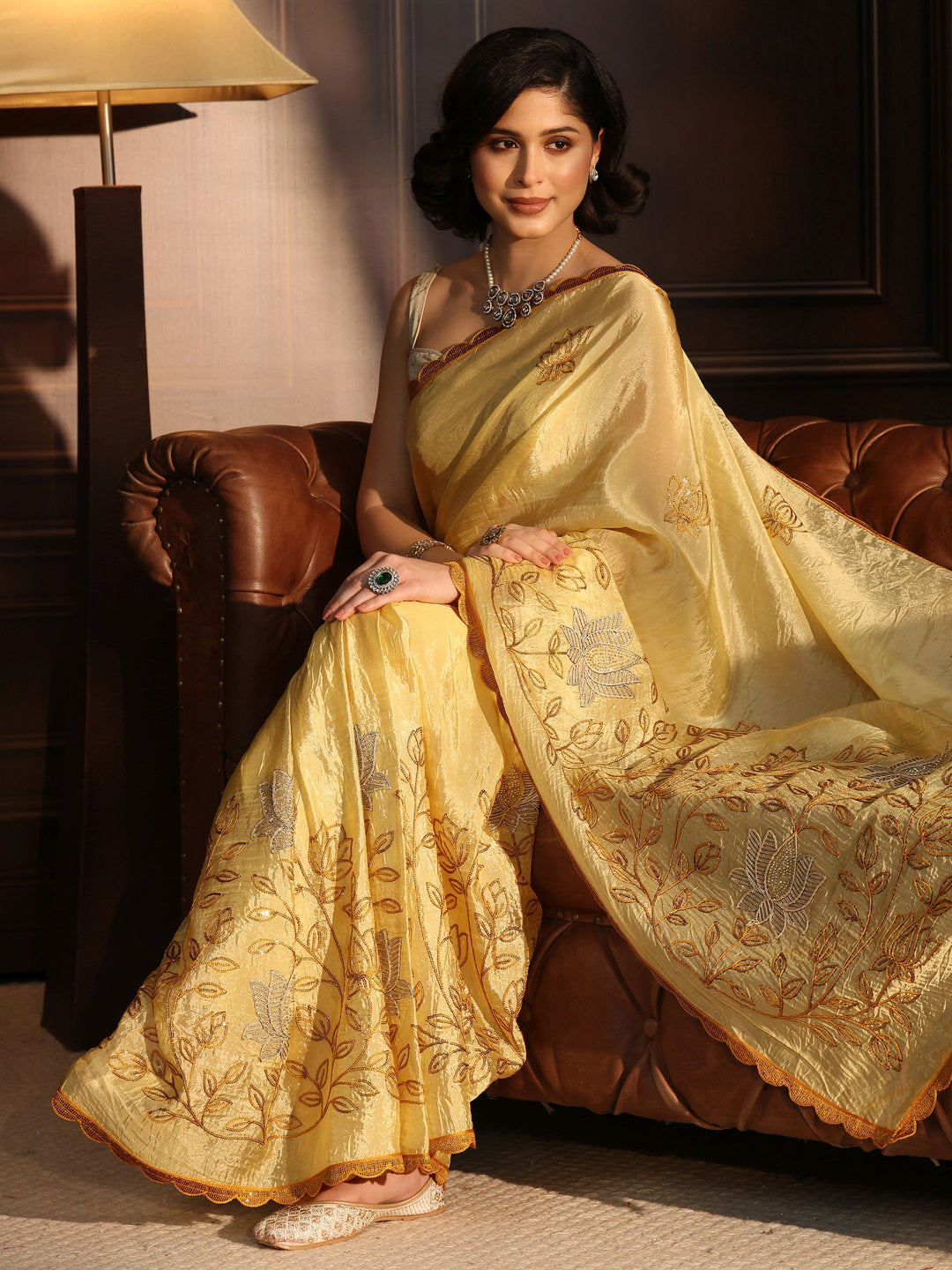 Libas Mustard Floral Embroidered Tissue Saree