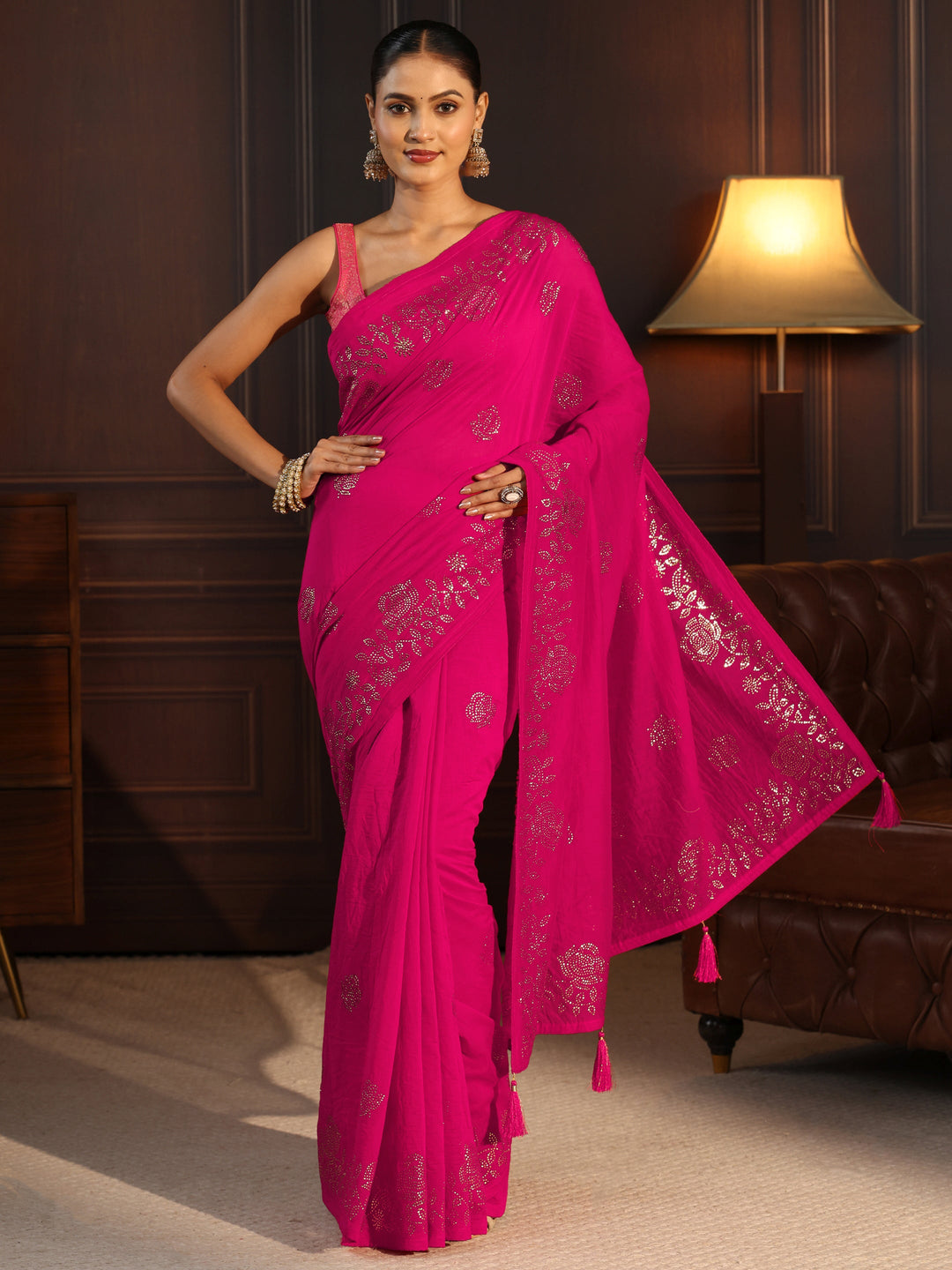 Libas Fuchsia Pink Floral Stone Work Embellished Cotton Blend Saree