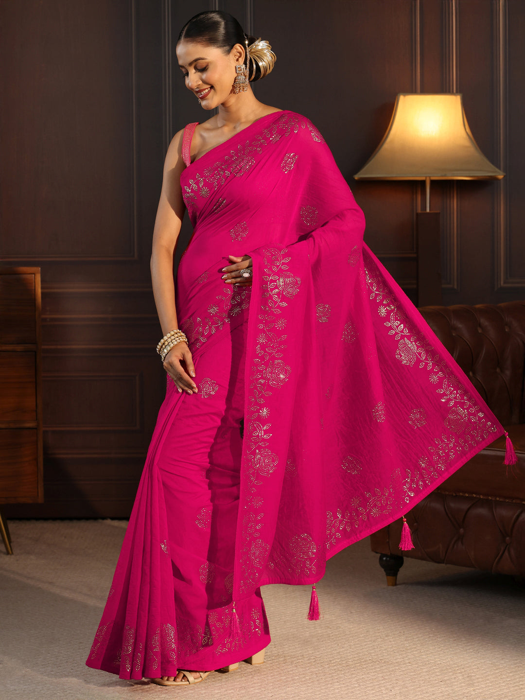 Libas Fuchsia Pink Floral Stone Work Embellished Cotton Blend Saree