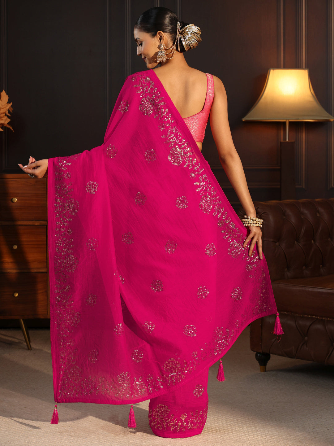 Libas Fuchsia Pink Floral Stone Work Embellished Cotton Blend Saree
