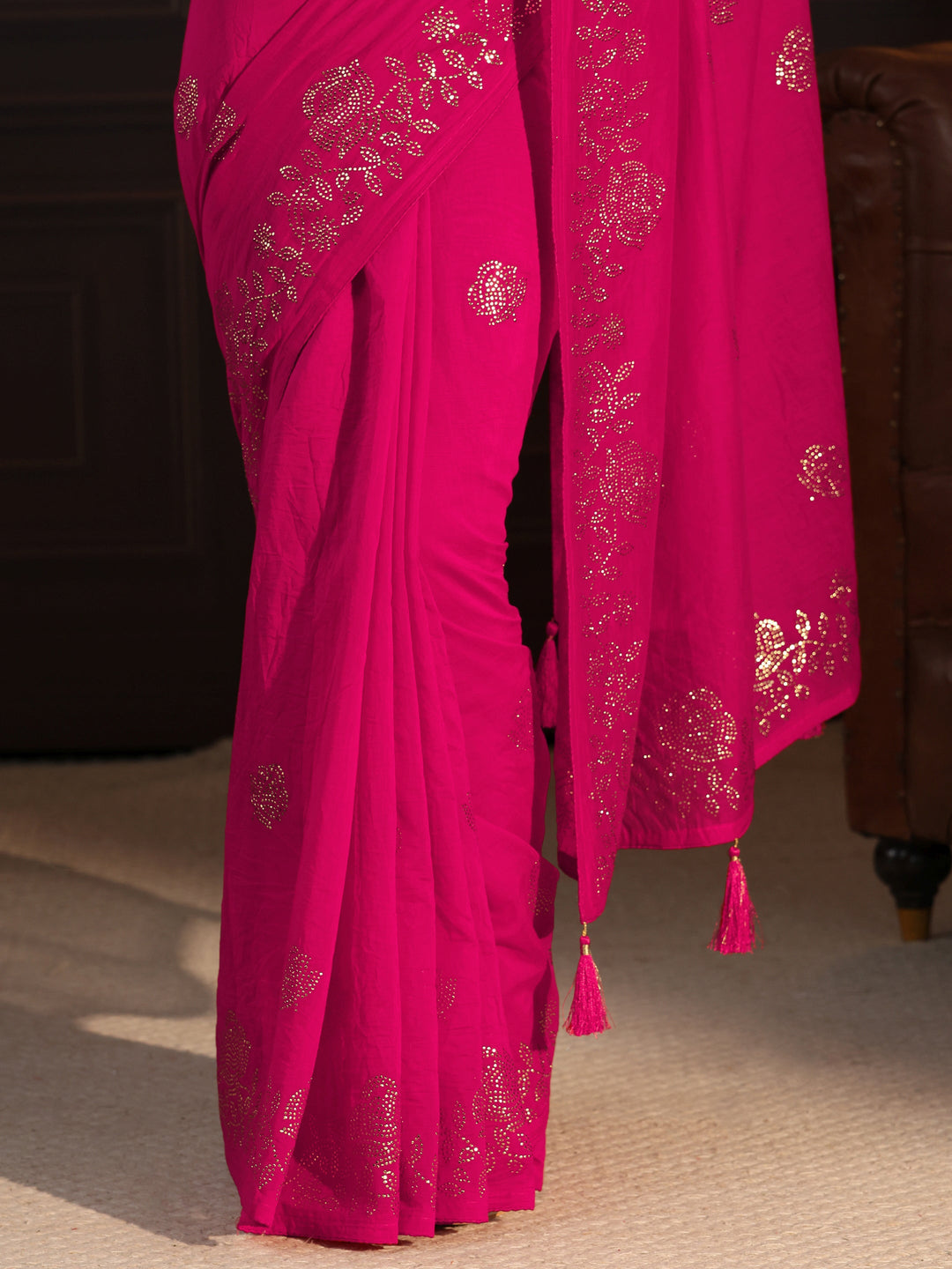Libas Fuchsia Pink Floral Stone Work Embellished Cotton Blend Saree