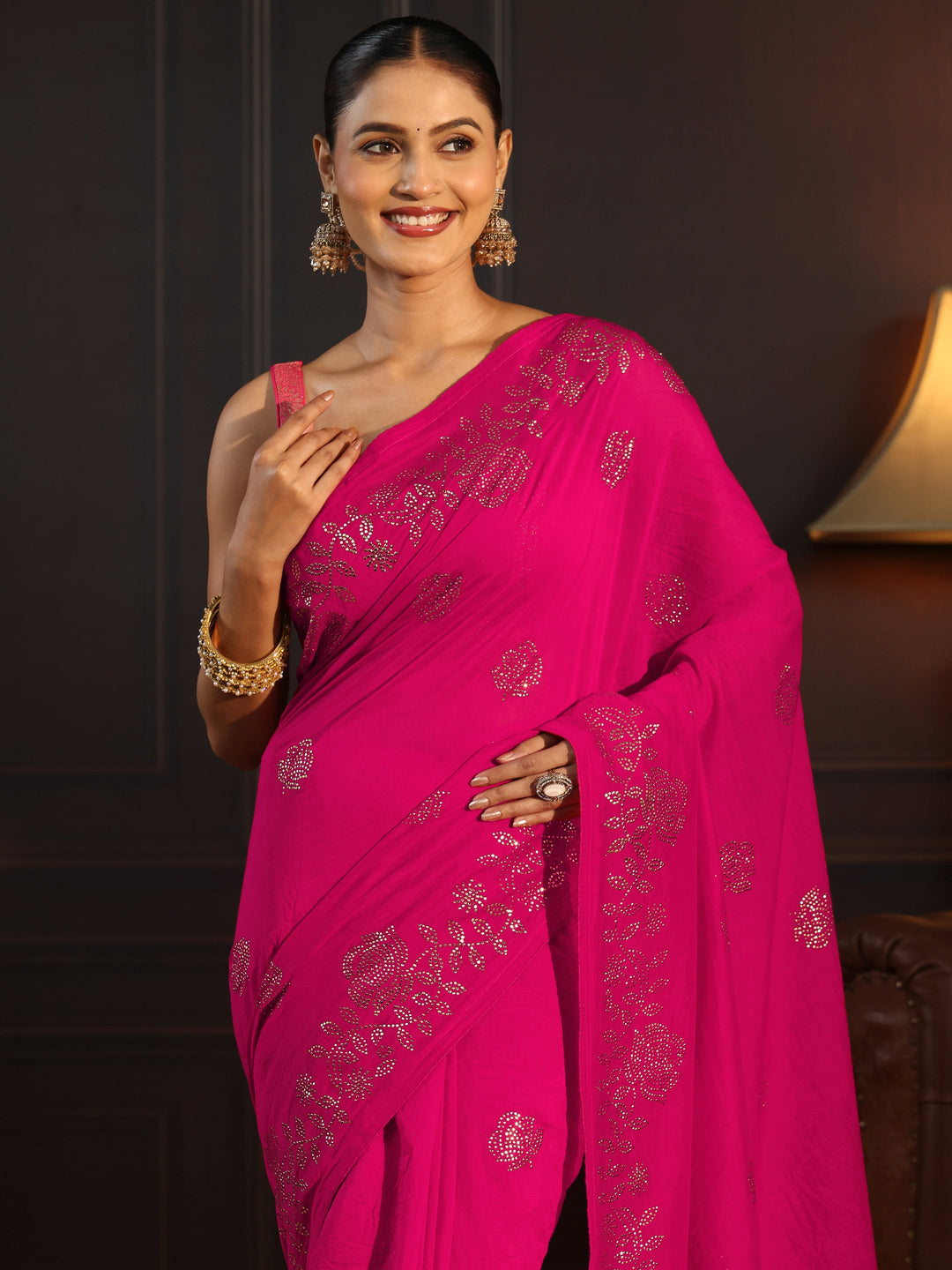 Libas Fuchsia Pink Floral Stone Work Embellished Cotton Blend Saree