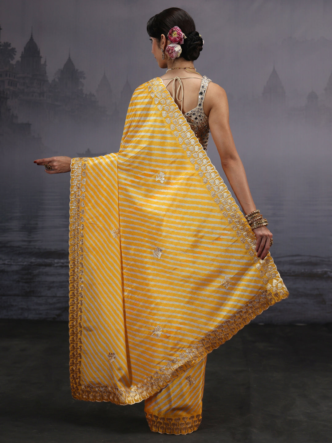 Libas Mustard Striped Printed Satin Saree