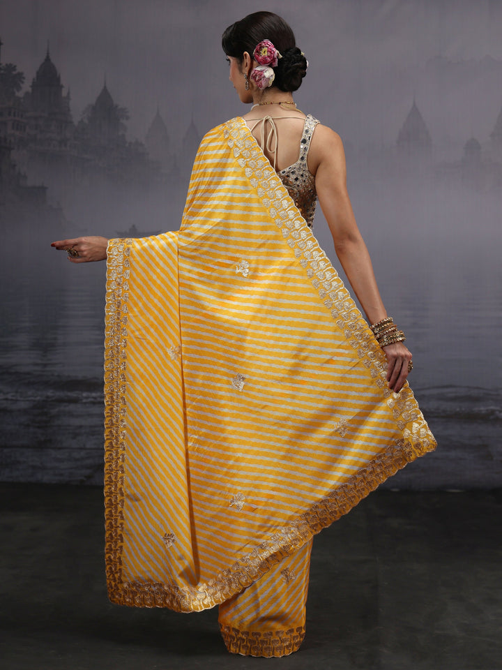 Libas Mustard Striped Printed Satin Saree