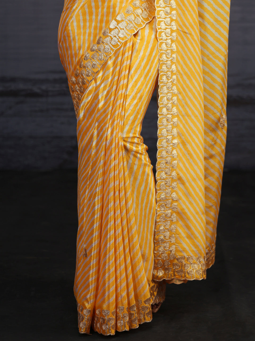 Libas Mustard Striped Printed Satin Saree