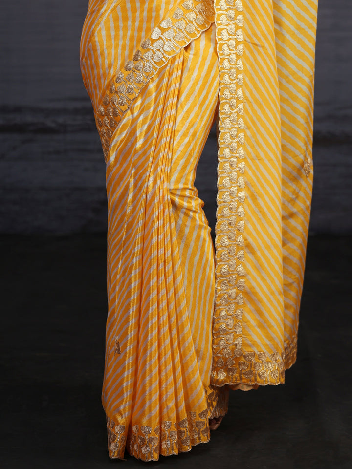 Libas Mustard Striped Printed Satin Saree
