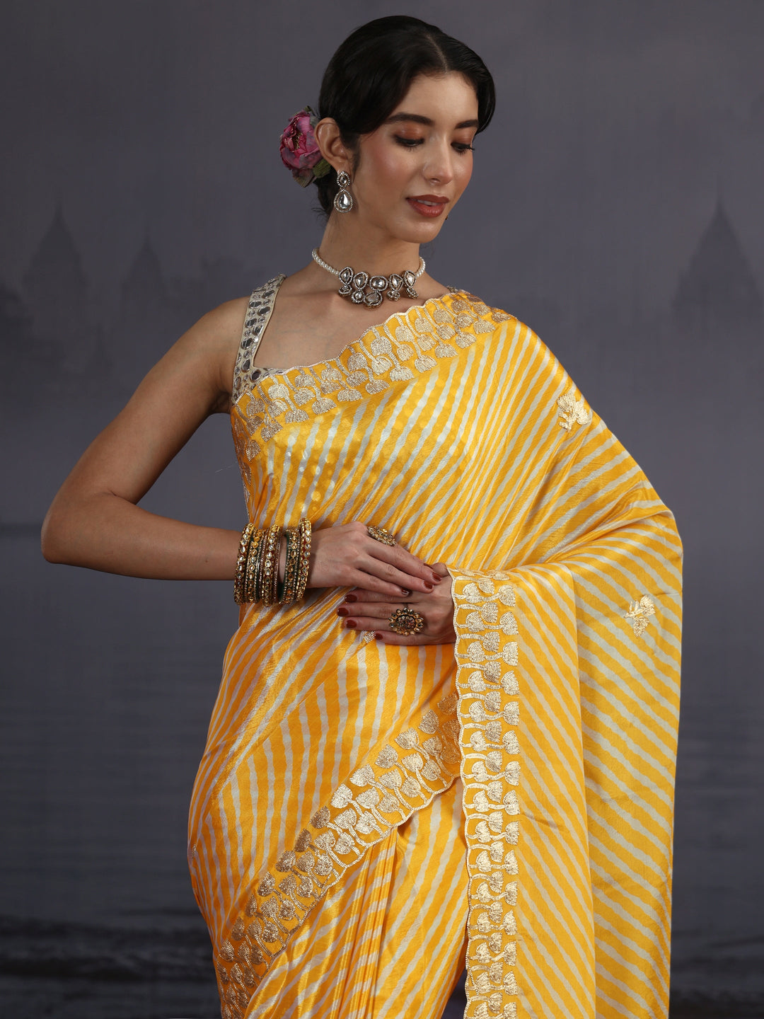 Libas Mustard Striped Printed Satin Saree