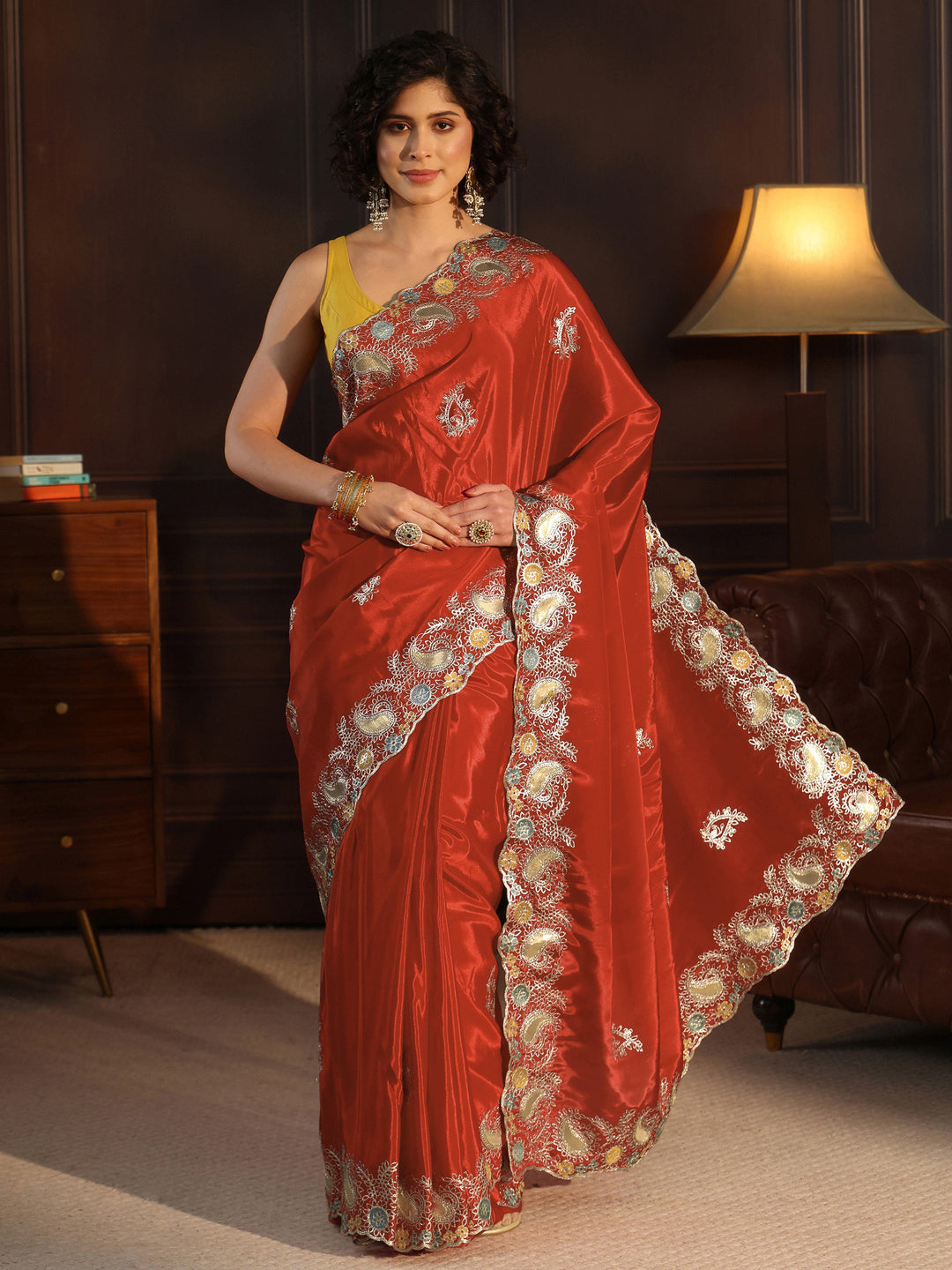 Libas Rust Orange Ethnic Embroidered Satin Saree with Scalloped Border