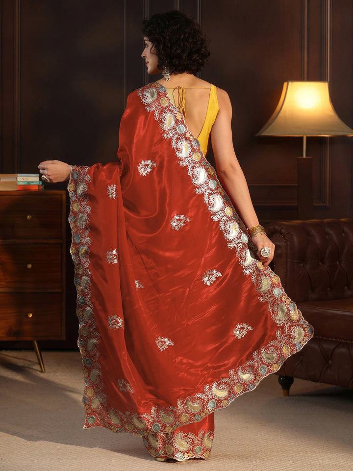 Libas Rust Orange Ethnic Embroidered Satin Saree with Scalloped Border