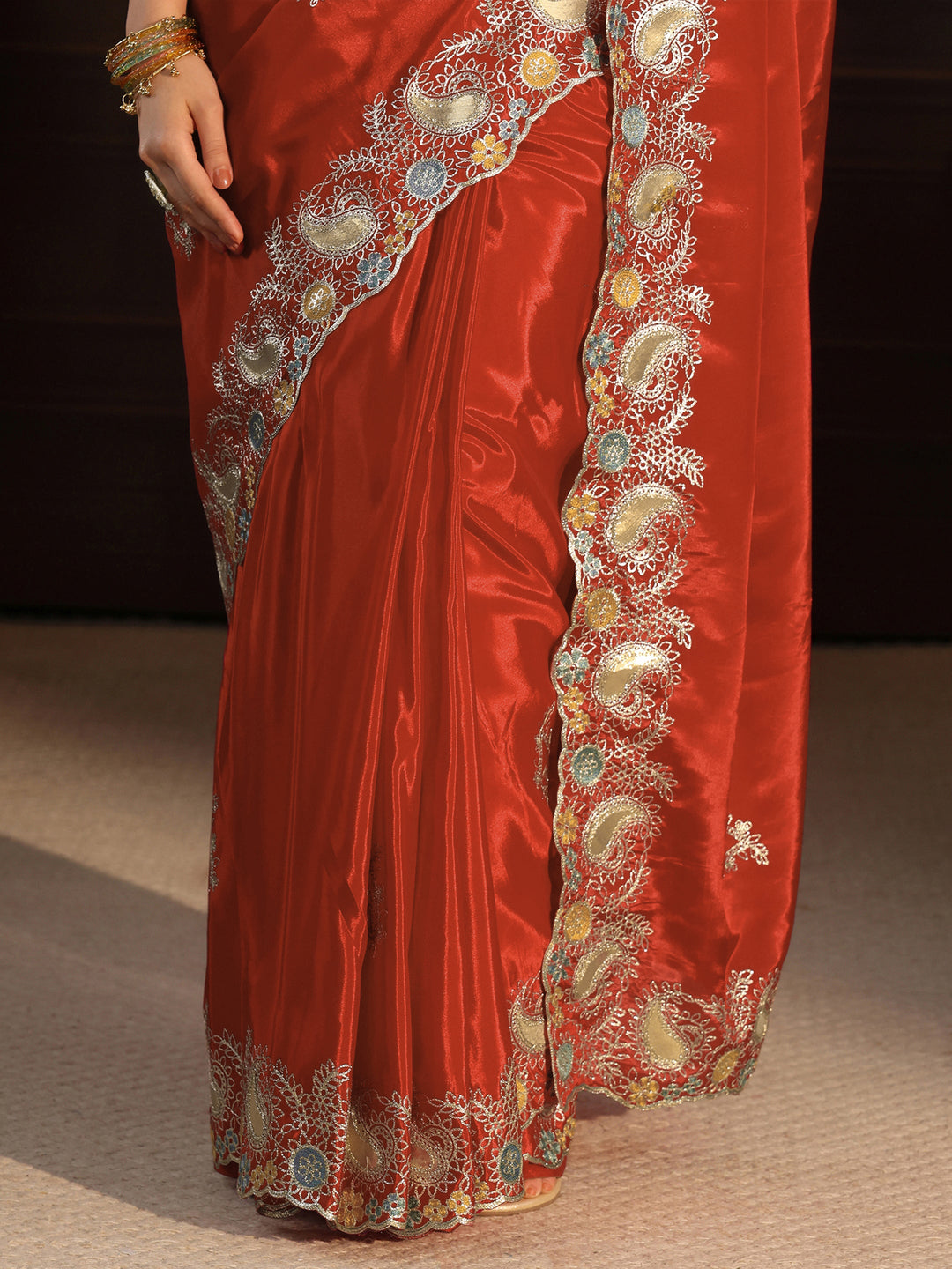 Libas Rust Orange Ethnic Embroidered Satin Saree with Scalloped Border